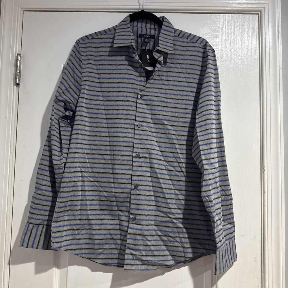 NWT Men's Alfani Long Sleeve Button Up Dress Shirt Striped Small Blue Gray Black